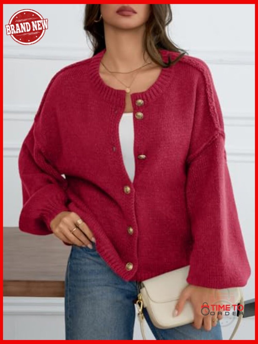 Oversized Chunky Knit Cardigan Button Up Long Lantern Sleeve Fall Winter - Picture 3 of 7
